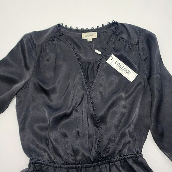 L’Agence - Size 2 - Women’s Loop Trim Short Romper Satin Silk Long Sleeve - Picture 9 of 11